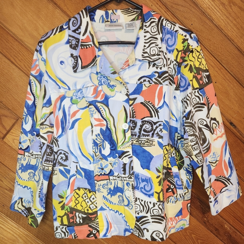 Erin london stretch abstract painted look large button down lightweight jacket